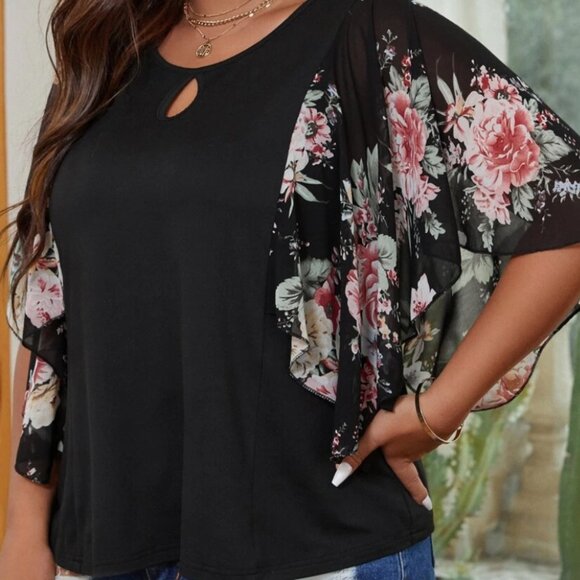 SHEIN CURVE Plus Floral Print Butterfly Sleeve Blouse SIZE 1XL Sheer Floral Arms - Picture 1 of 8